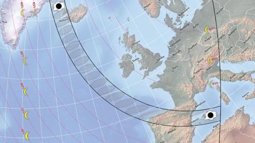 Leiðin hjá sólarmyrkingini 12. aug. 2026 yvir Vestureuropa.
