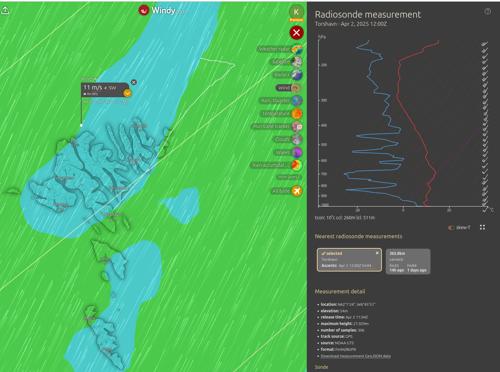 Skermmynd frá veðurappini Windy.com